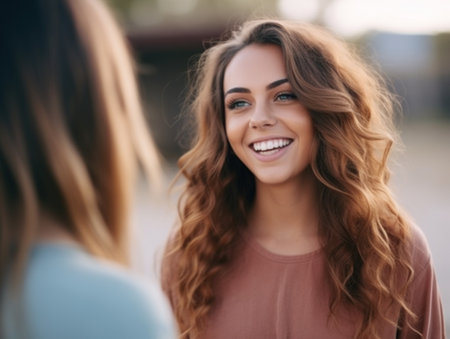 Attractive Young Woman With A Cheerful Face As She Talks To An Unseen Friendの素材