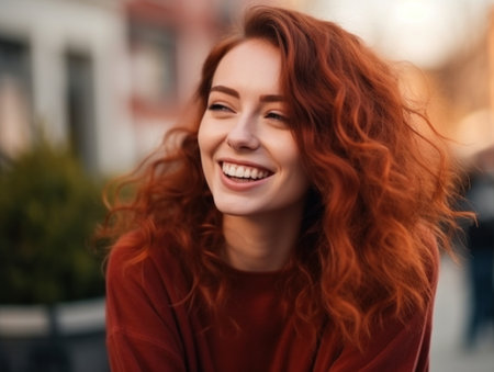 Attractive Young Woman With A Cheerful Face As She Talks To An Unseen Friendの素材
