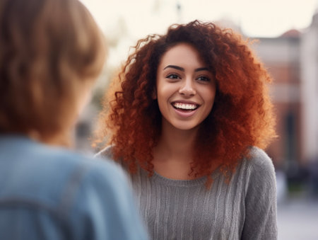 Attractive Young Woman With A Cheerful Face As She Talks To An Unseen Friendの素材