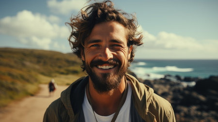 Handsome young man taking selfie at beach summer vacationの素材
