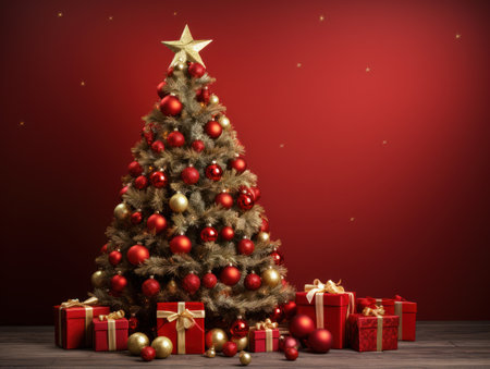 Christmas Tree Pine Decor Red Background New Year Holiday Giftsの素材
