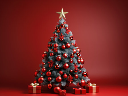 Christmas Tree Pine Decor Red Background New Year Holiday Giftsの素材