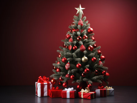 Christmas Tree Pine Decor Red Background New Year Holiday Giftsの素材
