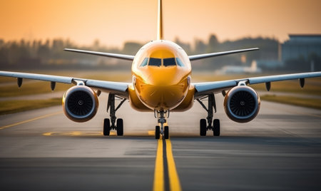 Passenger Close Up Bottom Airplane Fly Over The Runway In Good Weatherの素材