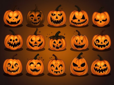 Collection of Halloween pumpkins carved faces silhouettes. Black isolated halloweenの素材