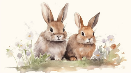 Watercolor illustration of rabbitsの素材