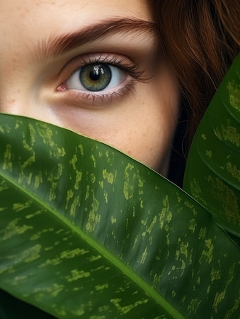 Close up of a beautiful young woman covering her face with a green monstera leafの素材