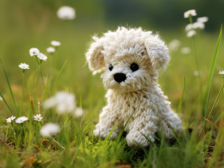 Teddy bear sitting on the grass with white flowers in the backgroundの素材