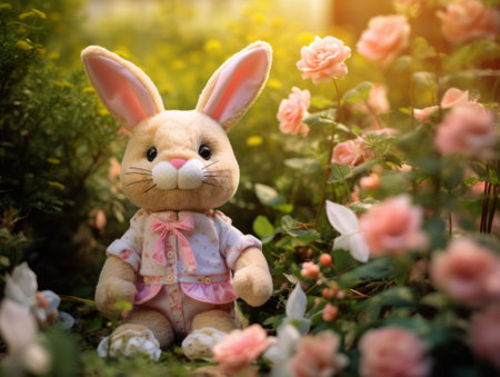Rabbit doll in the garden with flower background, soft focus.の素材
