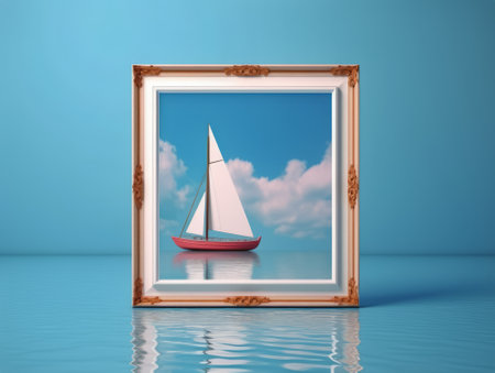 Sailboat in a photo frame on blue background. 3d renderの素材