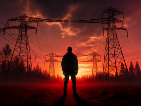 Silhouette of a man standing in front of high-voltage power lines at sunsetの素材