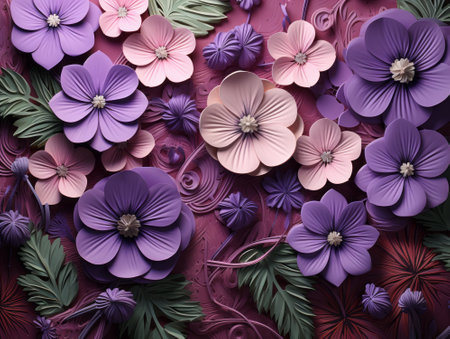 Flowers made of paper on a purple background. 3d renderingの素材