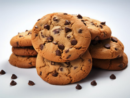 Chocolate chip cookies on a white background. Selective focus.の素材
