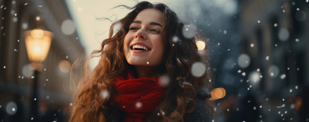 Outdoor portrait of a young beautiful happy smiling girl posing on the streetの素材