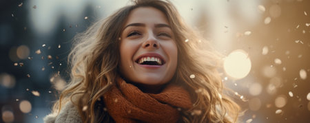 Outdoor portrait of a young beautiful happy smiling girl posing on the streetの素材
