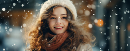 Beautiful winter woman blowing snow outdoor at sunny dayの素材