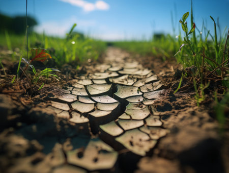 Cracks in the ground and green grass.の素材