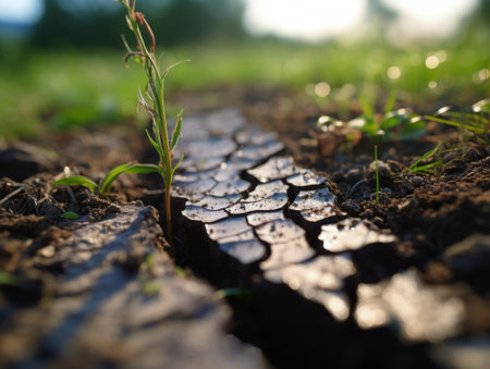 Cracks in the ground and green grass.の素材