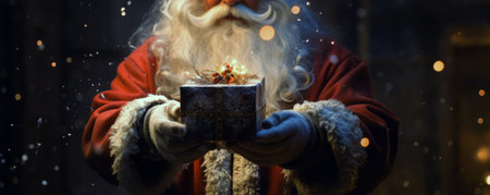magic giftbox twinkling holding on hand of Santa Claus with snow flakes and sparklingの素材
