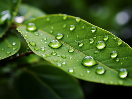 Water drops on a leaf. Macro shot. Selective focus.の素材