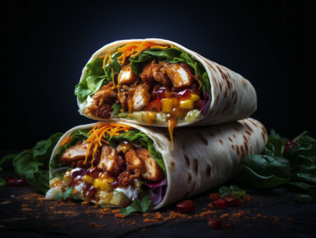 Burrito wrap with chicken and lettuce on a dark background.の素材