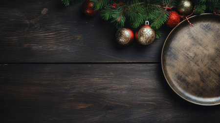 Christmas tableware and decorations on rustic wooden tableの素材