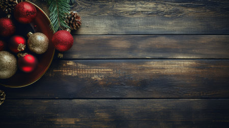 Christmas tableware and decorations on rustic wooden tableの素材