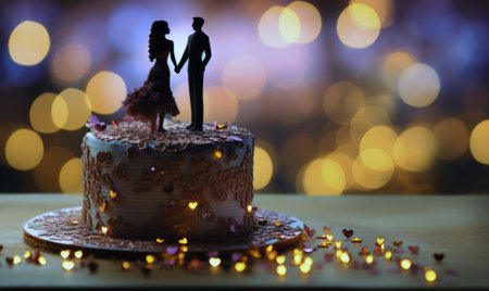 Wedding cake with bride and groom on the bokeh backgroundの素材