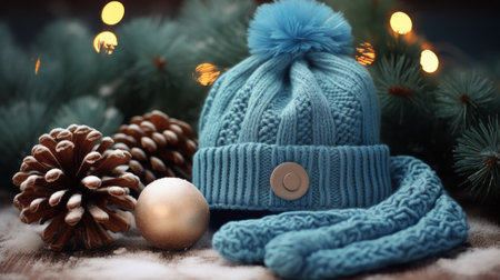 in blue knitted hat and scarf on the background of a Christmas treeの素材