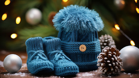 in blue knitted hat and scarf on the background of a Christmas treeの素材