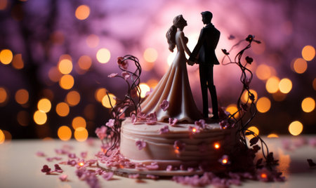 Wedding cake with bride and groom on the bokeh backgroundの素材