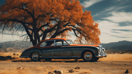 retro car parked on the side of the roadの素材