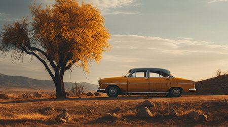 retro car parked on the side of the roadの素材