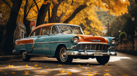 retro car parked on the side of the roadの素材
