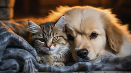cat and dog hugs at homeの素材