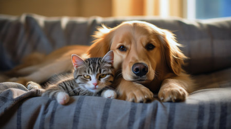 cat and dog hugs at homeの素材