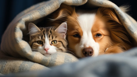 cat and dog hugs at homeの素材