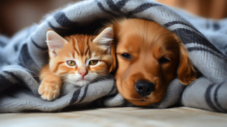 cat and dog hugs at homeの素材