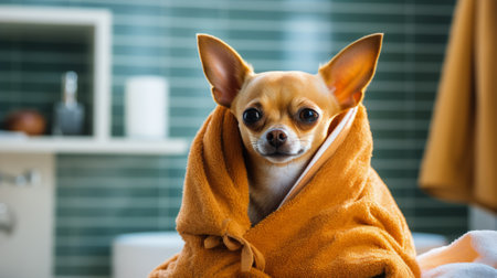 dog in bathrode and towel on headの素材