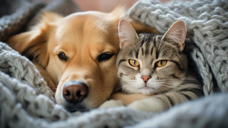 cat and dog hugs at homeの素材