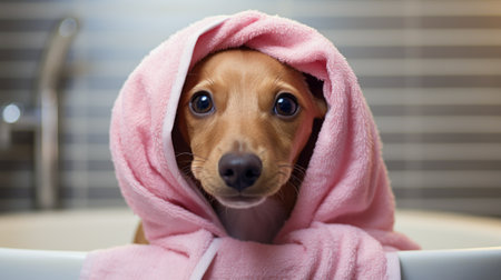 dog in bathrode and towel on headの素材