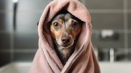 dog in bathrode and towel on headの素材