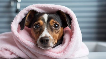 dog in bathrode and towel on headの素材
