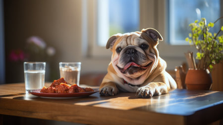gorgeous dog eating healthy dogs food at homeの素材