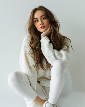 skinny young woman model wearing white sweater alone in high-key light on white clean solid backgroundの素材