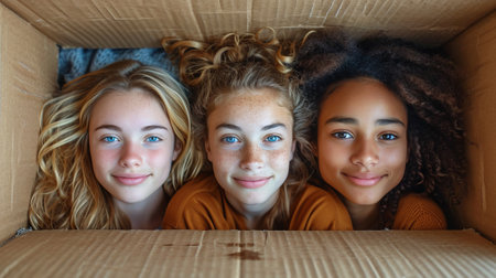girls resting in a giant empty cardboard boxの素材