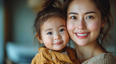 Asian mother and child, smiling and embracingの素材