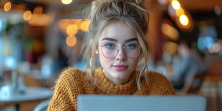 young girl 18 years old with a high ponytail and glasses on her eyesの素材