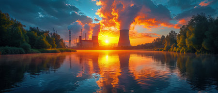 Nuclear power plant against sky by the riverの素材