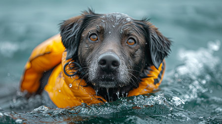 A dog in a life jacket swims in the middle of the oceanの素材
